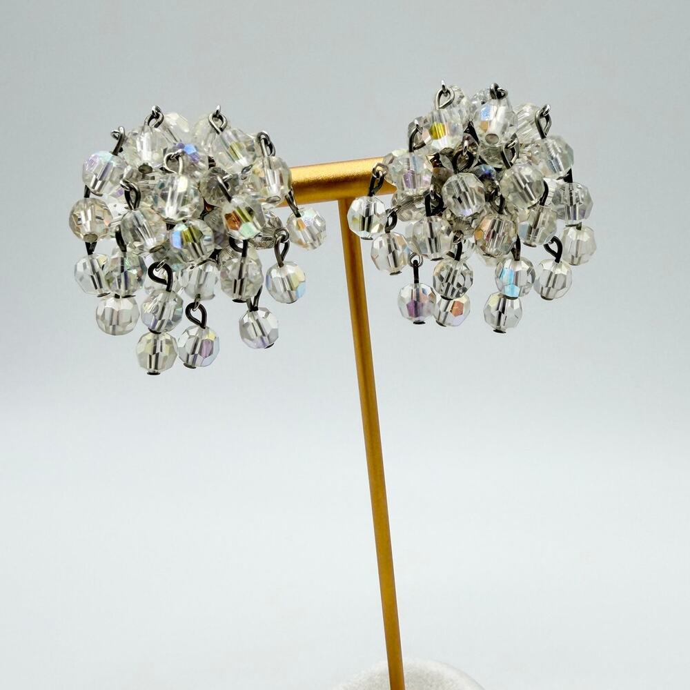 VTG VOGUE Rare Vintage 1960's Glass Crystal Aurora Borealis Waterfall Earrings - Picture 2 of 16